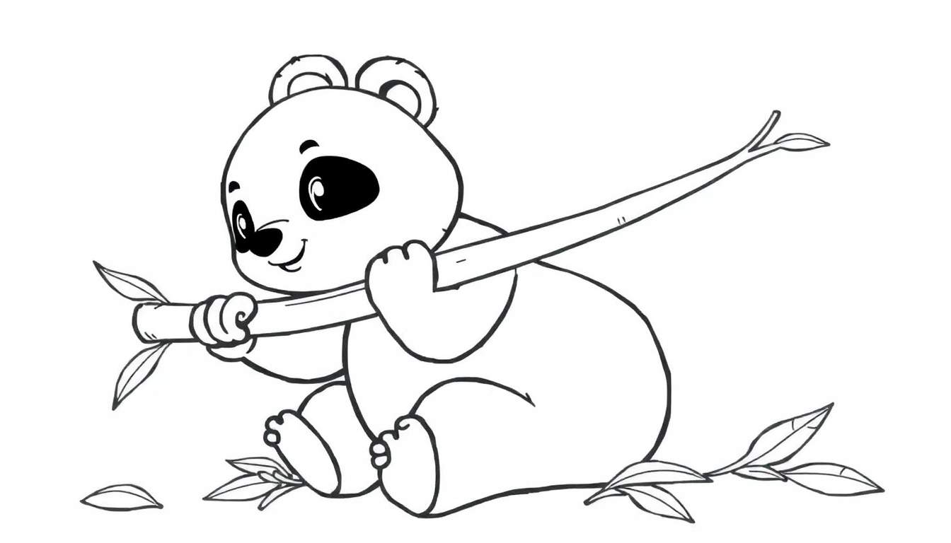 Un simpático dibujo lineal en blanco y negro de un panda bebé sentado, sosteniendo una rama de bambú, listo para colorear en esta placa de color.