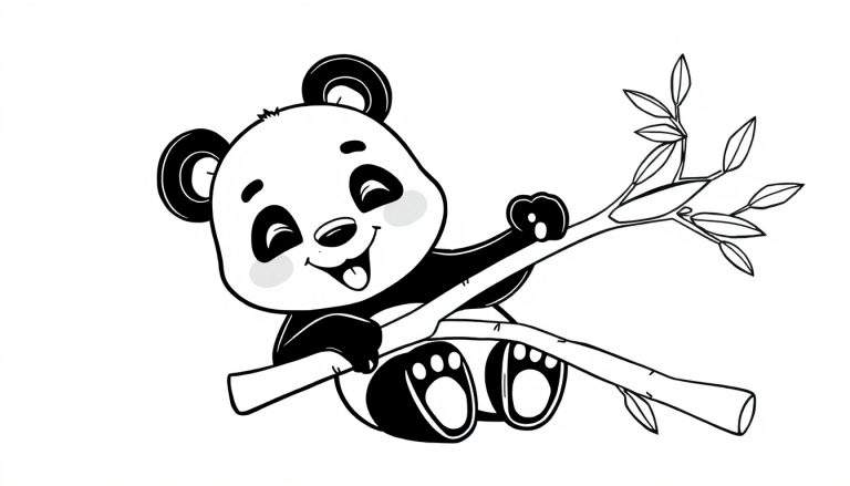 Un simpático panda bebé de placa de color blanco y negro se balancea en una rama de árbol con hojas pequeñas, sacando la lengua.