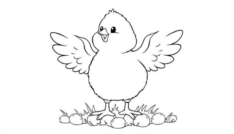 Una placa de color de un pollito de dibujos animados feliz con alas abiertas, listo para colorear.