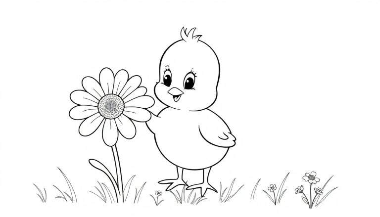 Un pollito feliz sosteniendo una flor en una placa de color.
