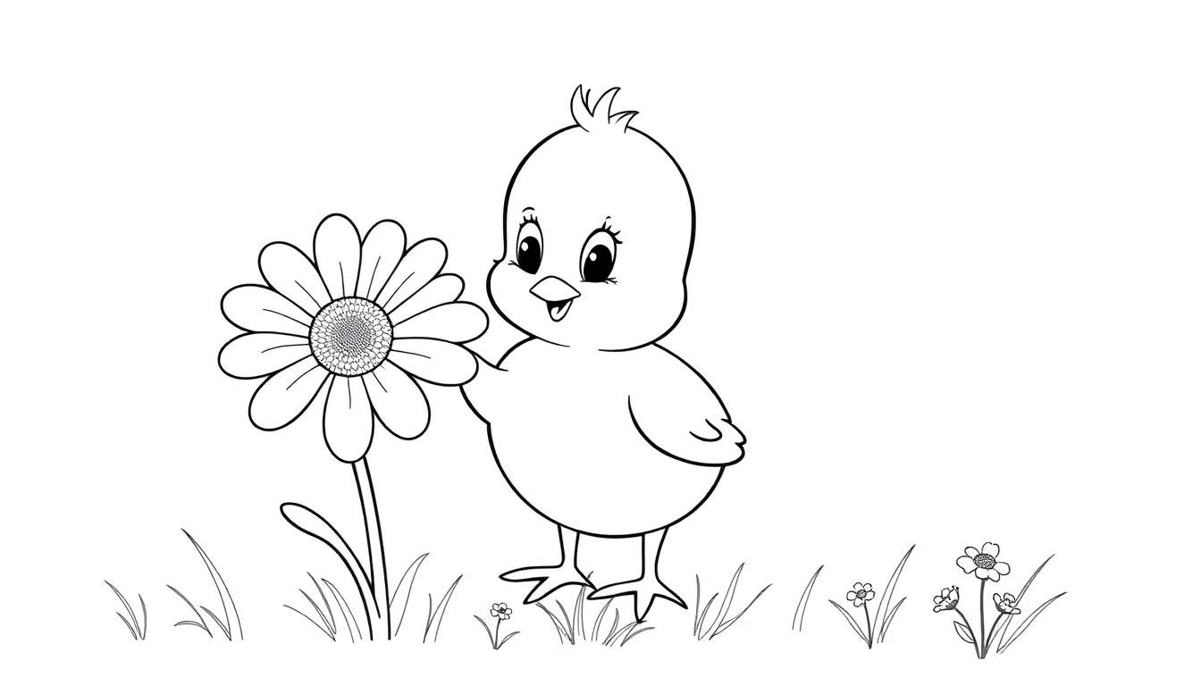 Un pollito feliz sosteniendo una flor en una placa de color.