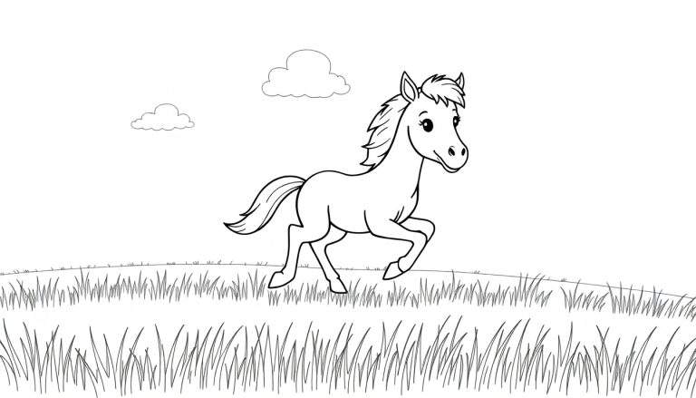 Caballo corriendo en un campo de hierba, página para colorear de una placa de color.
