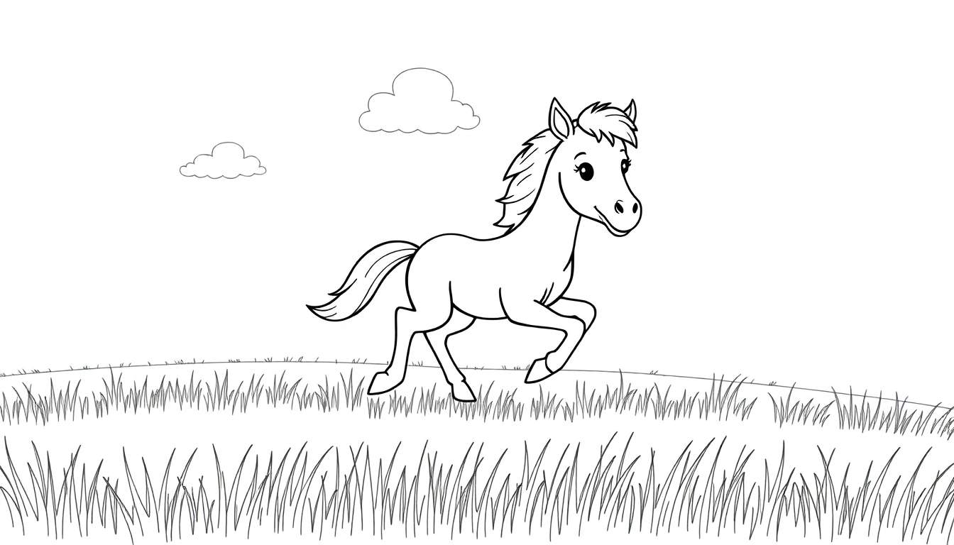 Caballo corriendo en un campo de hierba, página para colorear de una placa de color.