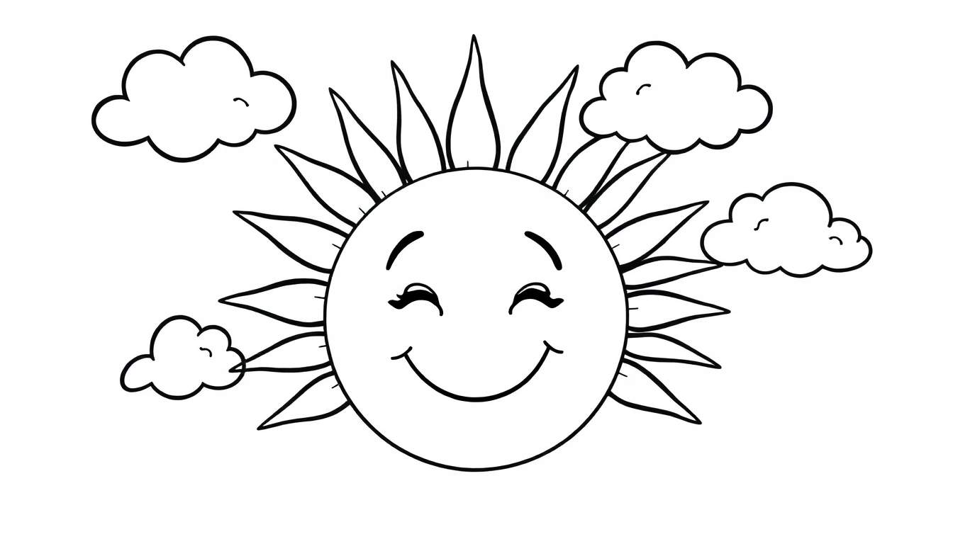 Placa de color de un sol sonriente con nubes juguetonas.