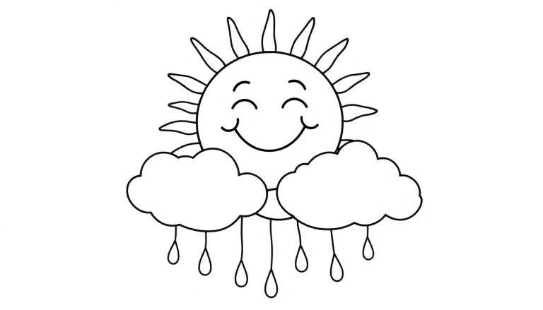 Placa de color de un sol sonriente con nubes y gotas de lluvia.