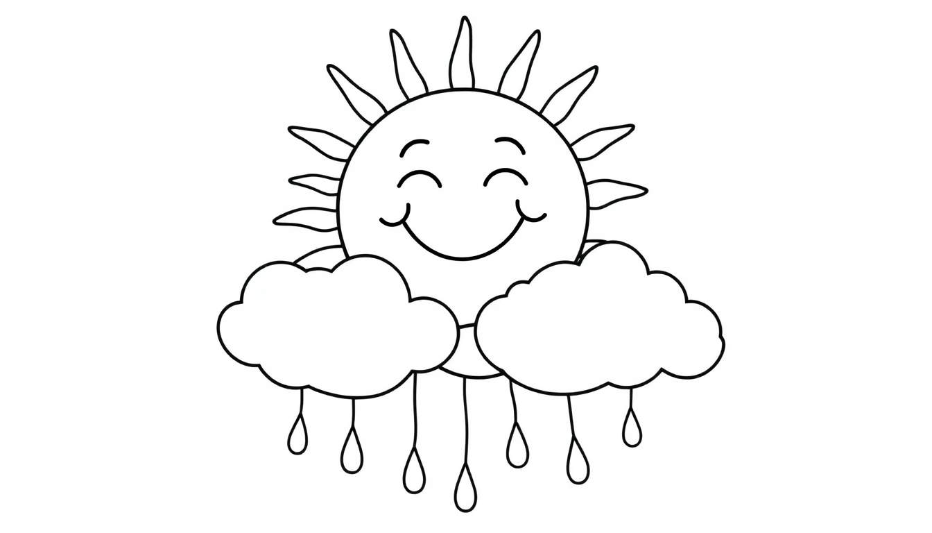Placa de color de un sol sonriente con nubes y gotas de lluvia.