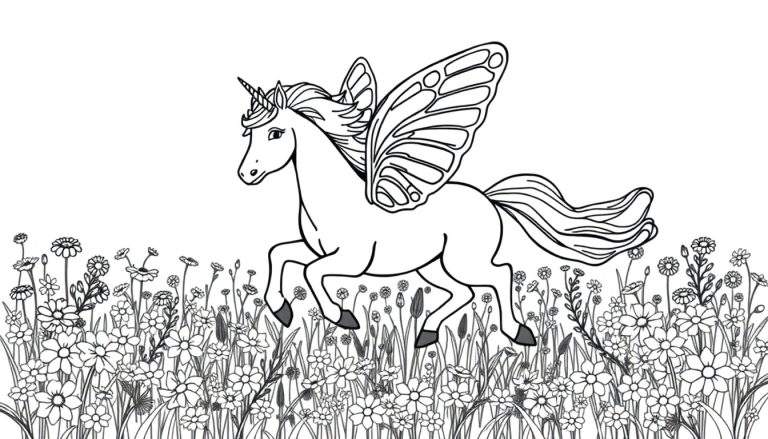 Un unicornio alado corriendo por una placa de color de flores.
