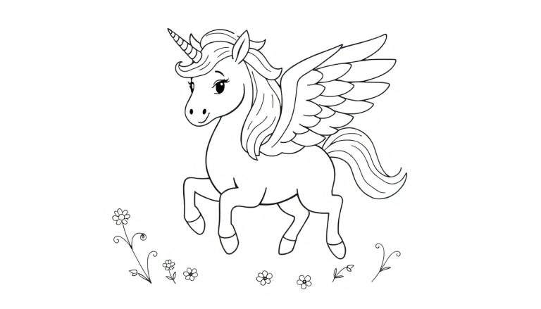 Placa de color de un unicornio mágico con alas.