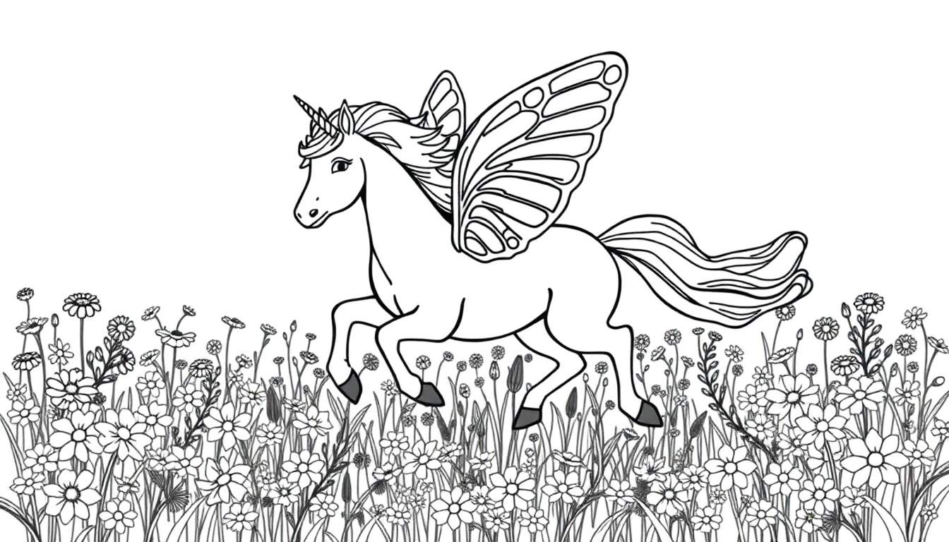 Un unicornio alado corriendo por una placa de color de flores.