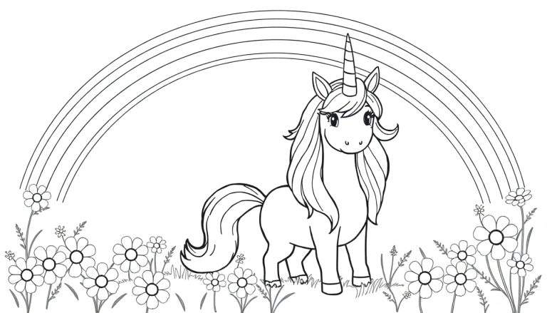 Placa de color de un unicornio amigable bajo un arcoíris.