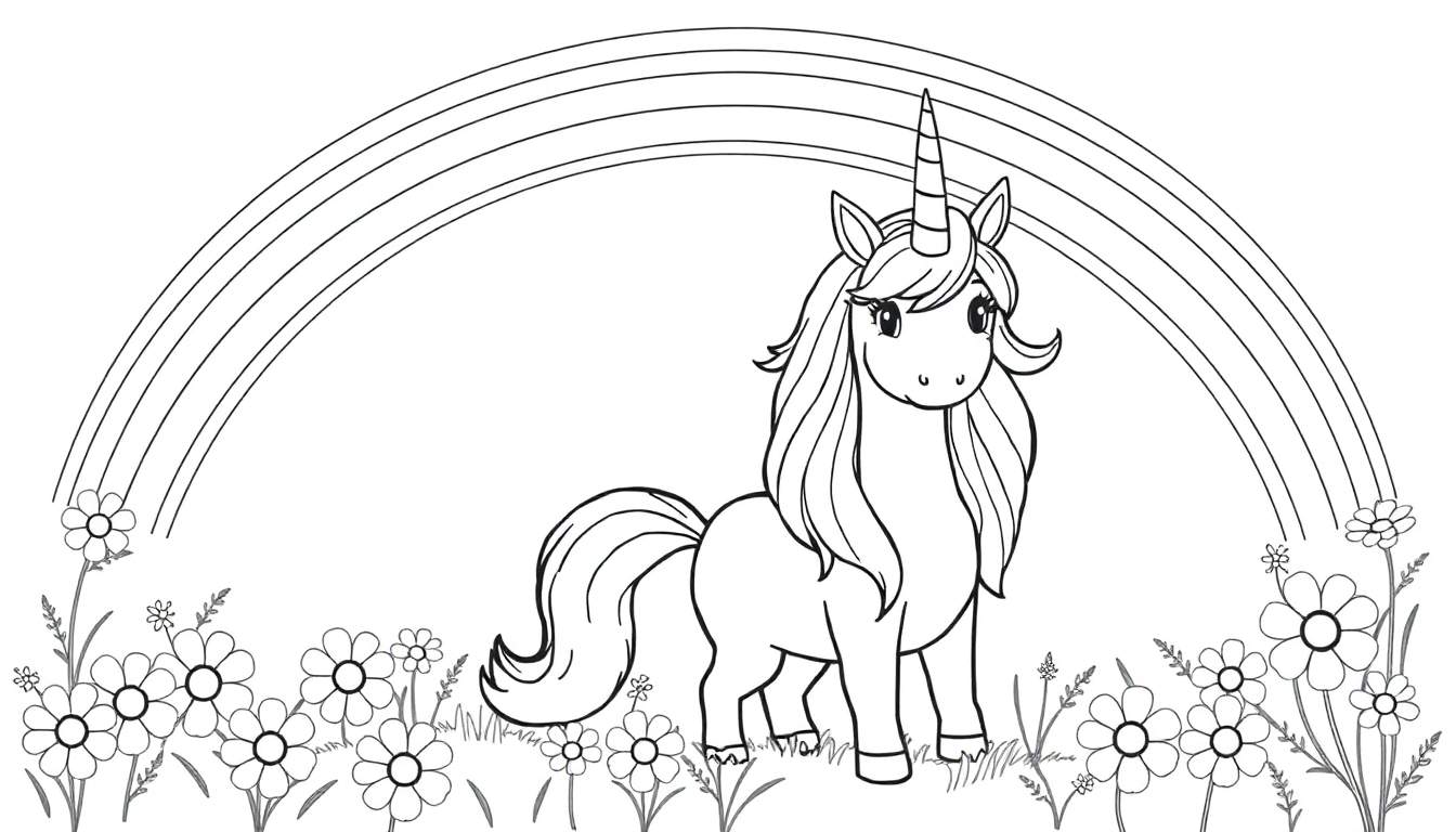 Placa de color de un unicornio amigable bajo un arcoíris.