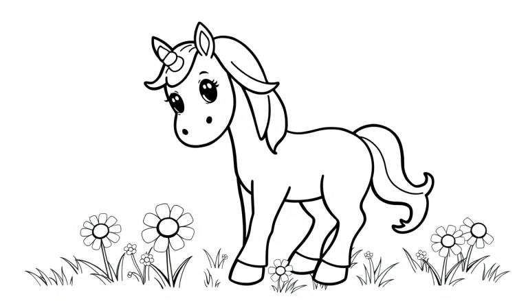 Placa de color de un unicornio en un prado floral.