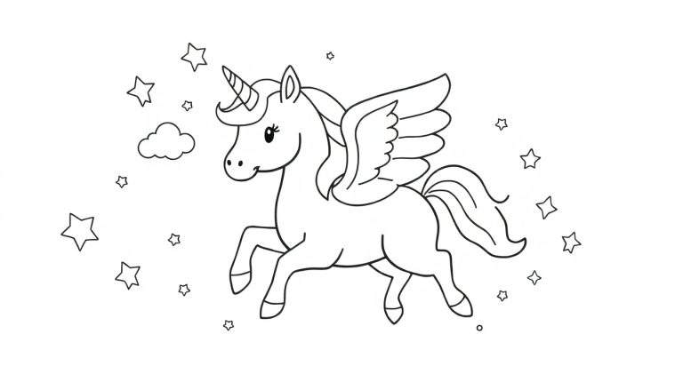 Un unicornio alado para colorear, una placa de color, galopando entre estrellas y nubes.