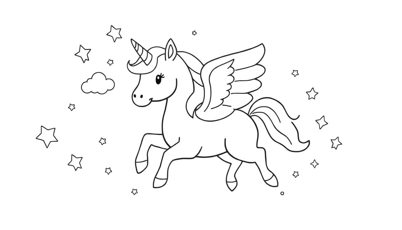 Un unicornio alado para colorear, una placa de color, galopando entre estrellas y nubes.