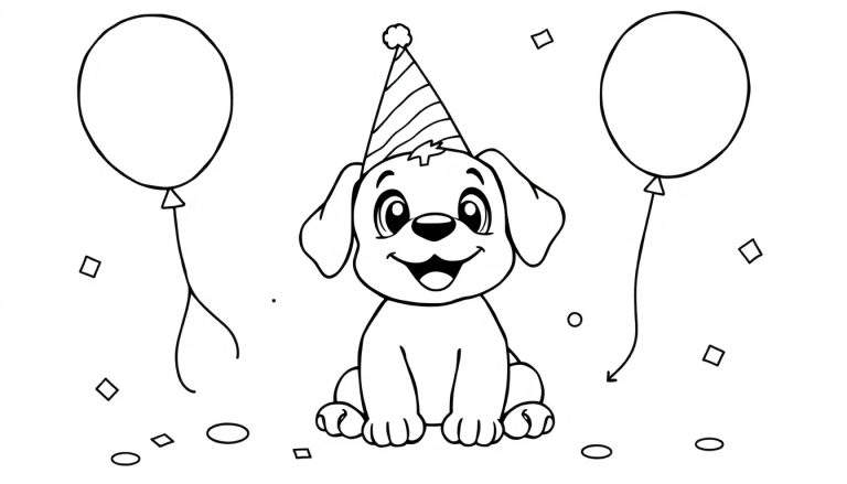 Placa de color: perrito feliz con sombrero de fiesta y globos.