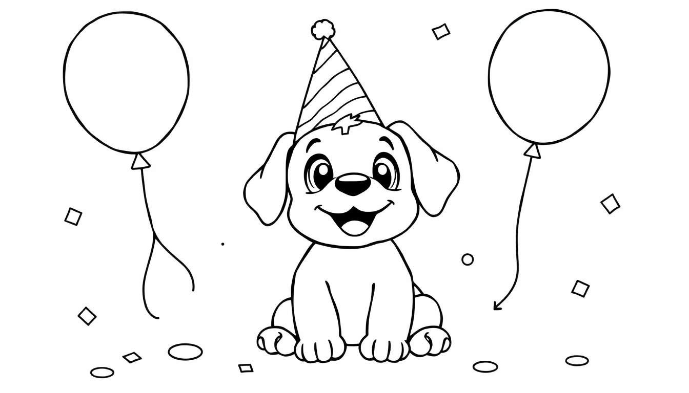 Placa de color: perrito feliz con sombrero de fiesta y globos.