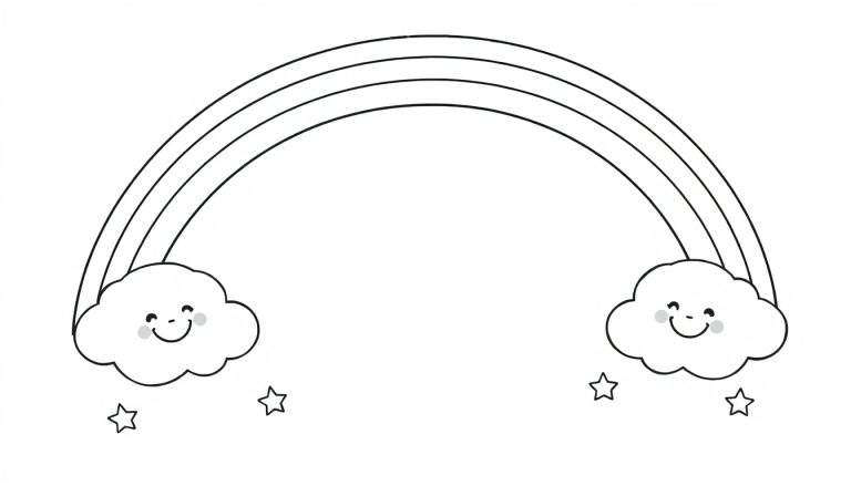 Una placa de color de un arcoíris sonriente con nubes y estrellas, lista para colorear.