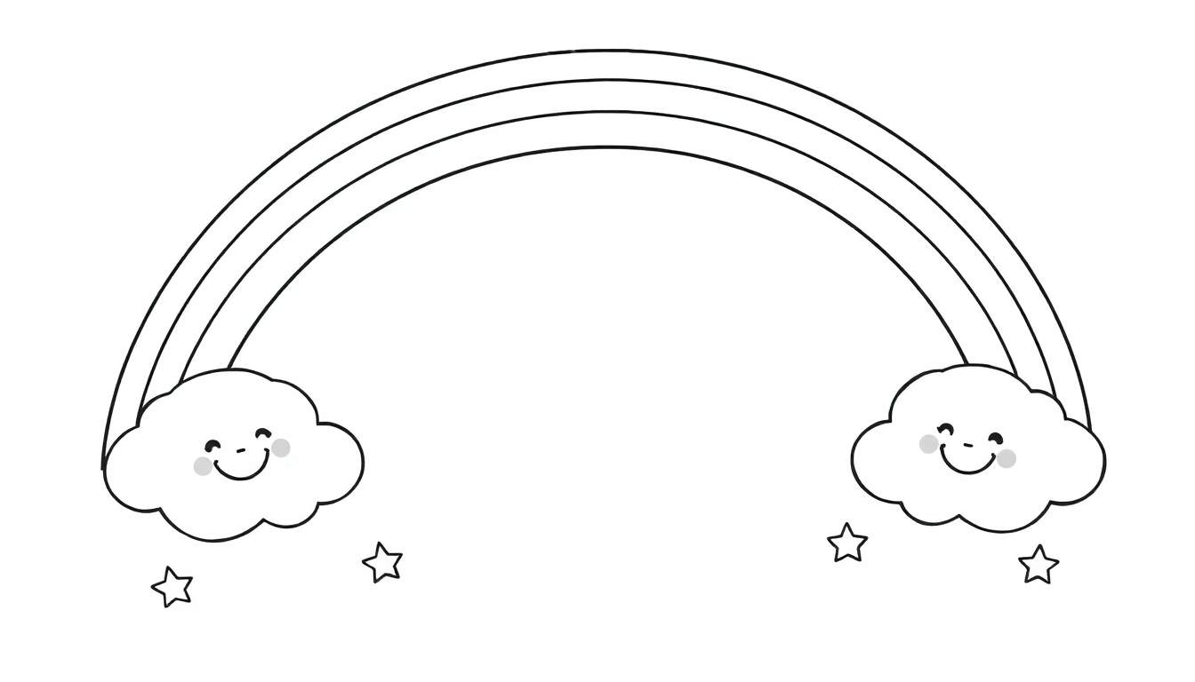 Una placa de color de un arcoíris sonriente con nubes y estrellas, lista para colorear.