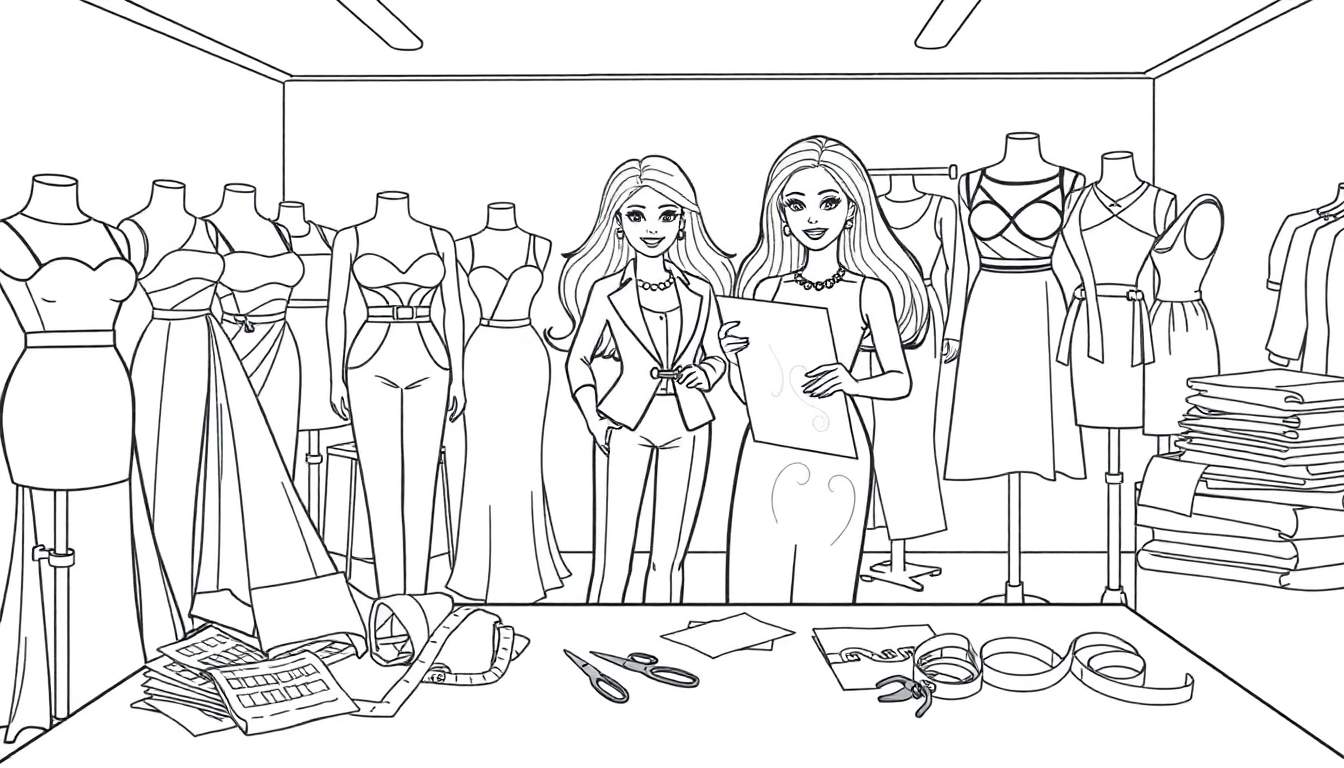 Placa de color de un estudio de moda con Barbie y sus amigas.