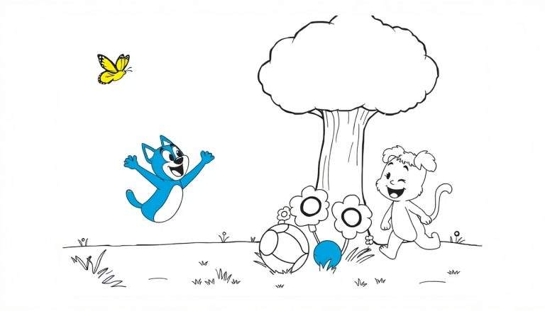 Placa de color con Bluey saltando y Bingo jugando en el jardín.