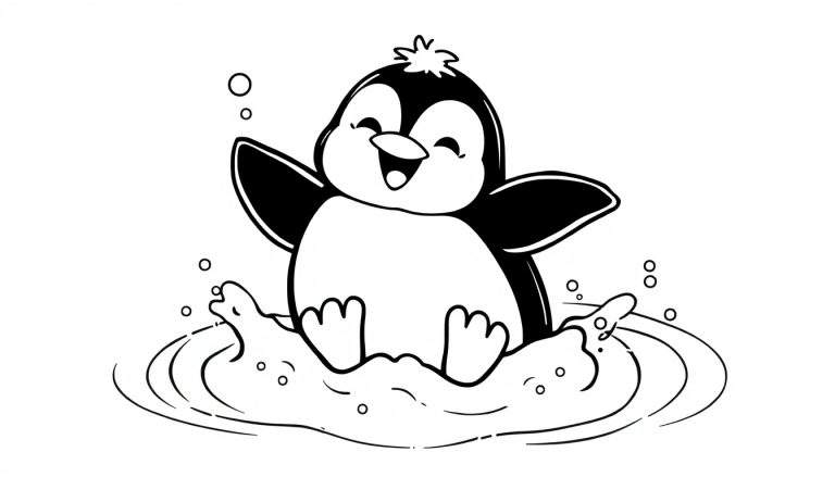 Placa de color de un pingüino sonriente nadando en agua con burbujas.