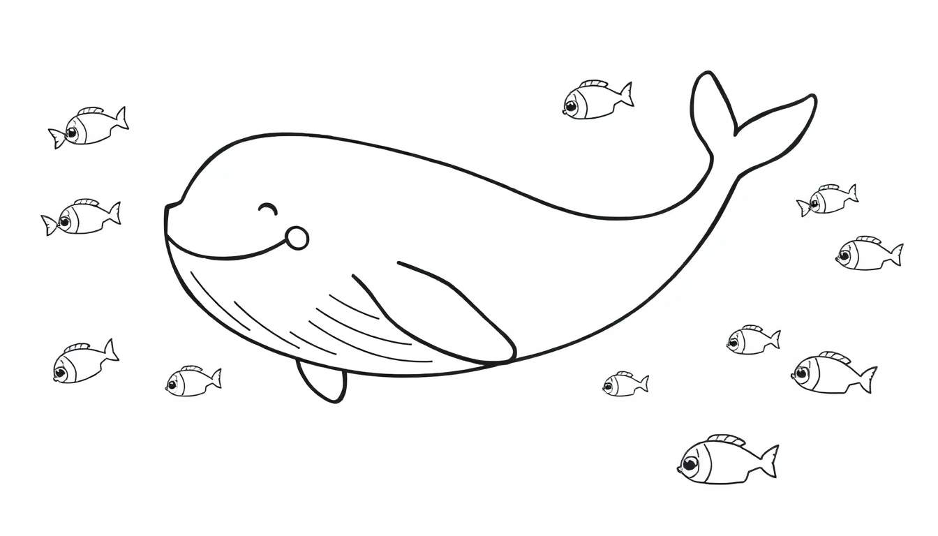 Dibujo para colorear de una ballena sonriente con peces pequeños a su alrededor, estilo de placa de color.