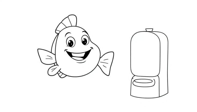 Placa de color: pez sonriente junto a un inodoro.