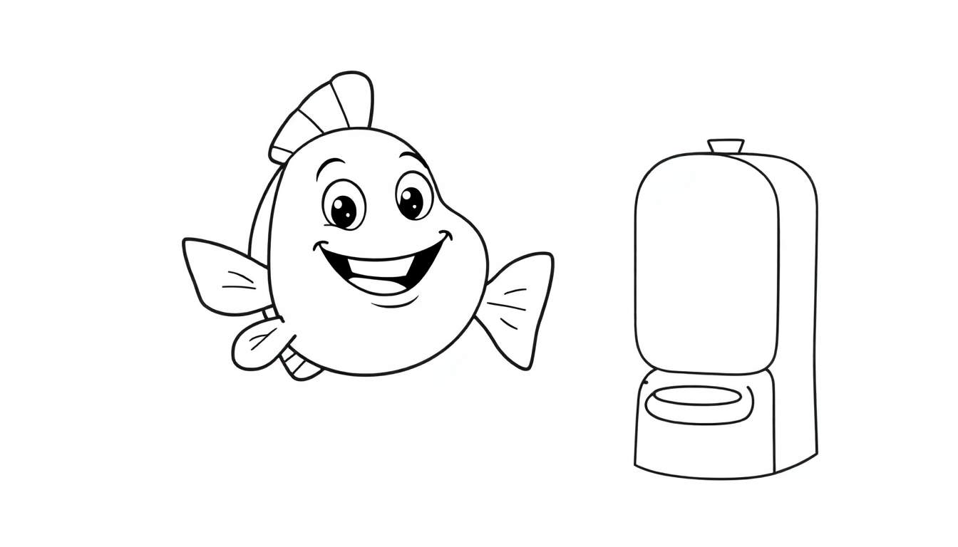Placa de color: pez sonriente junto a un inodoro.