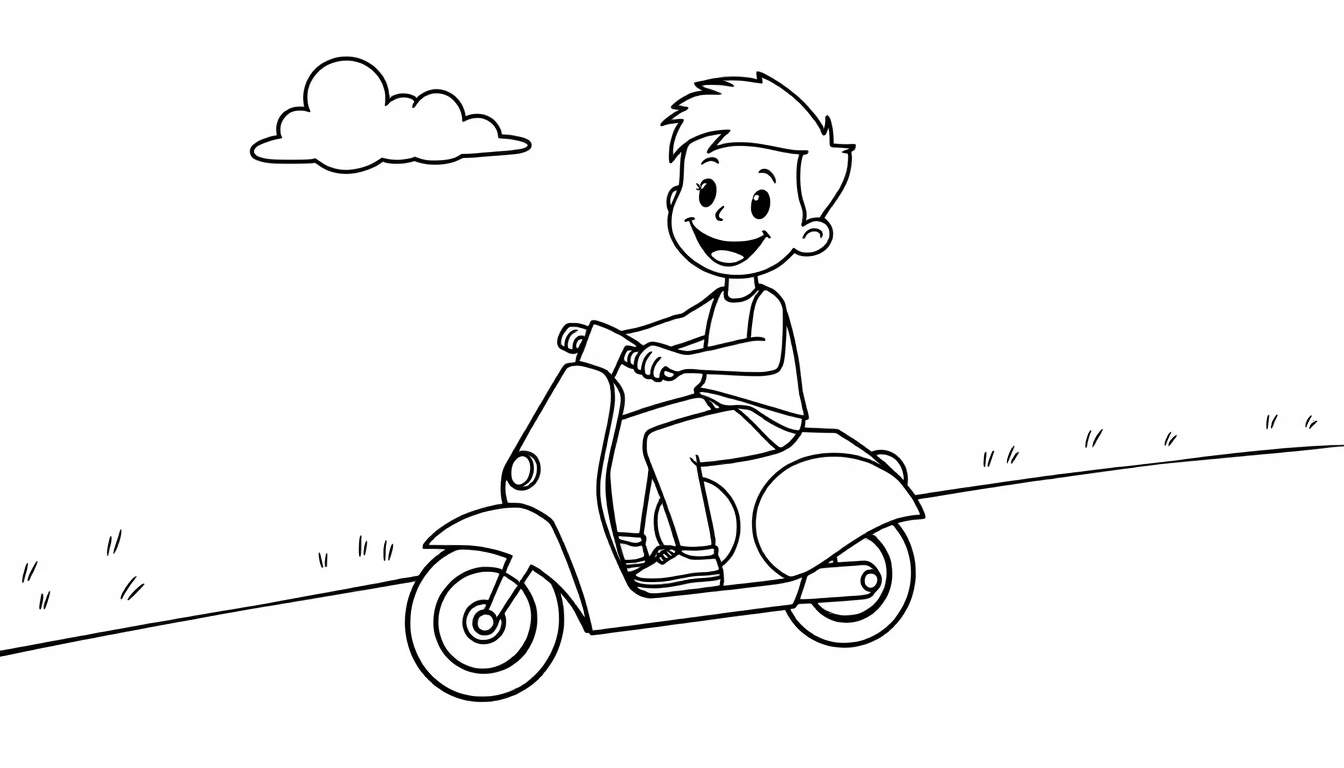 Placa de color de un niño sonriente conduciendo un scooter retro.