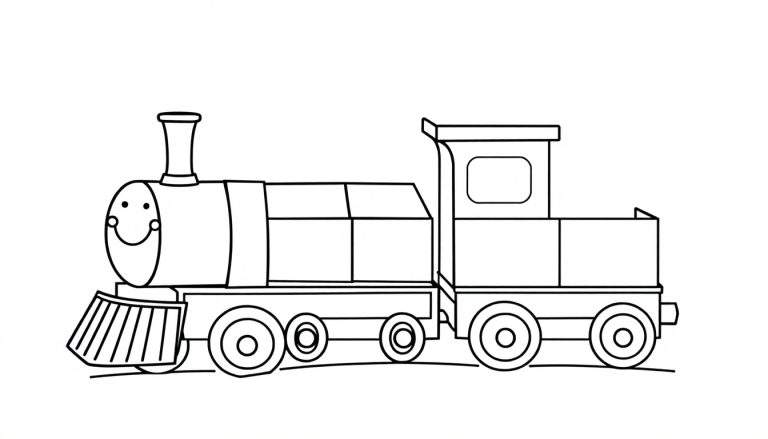 Placa de color de un tren de juguete amigable con contornos negros para colorear.