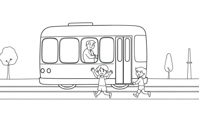 Placa de color de un tranvía amigable con un conductor sonriente y niños saludando.