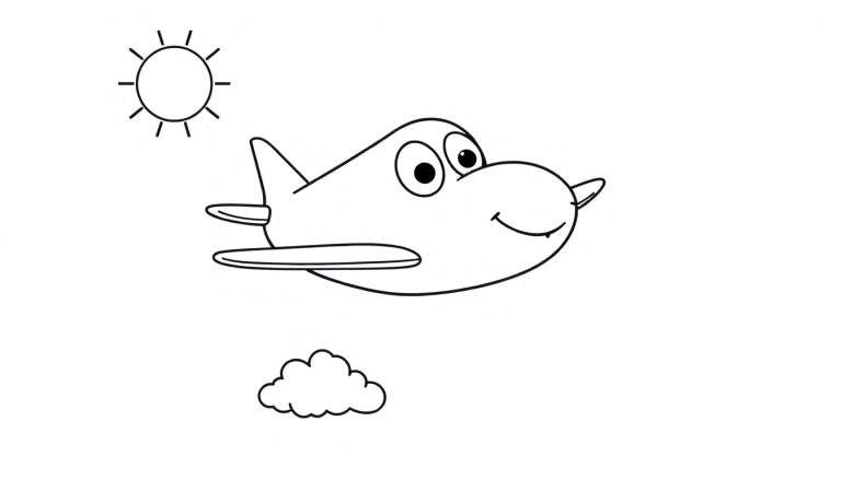 Placa de color: avión sonriente volando felizmente hacia el sol.