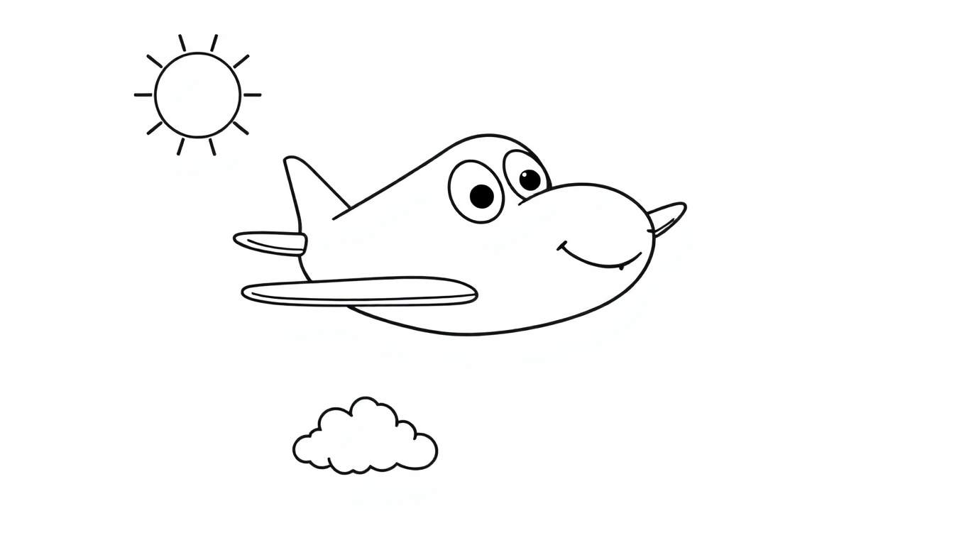 Placa de color: avión sonriente volando felizmente hacia el sol.