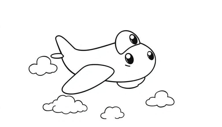 Un avión de dibujos animados amigable volando entre nubes en una placa de color para colorear.