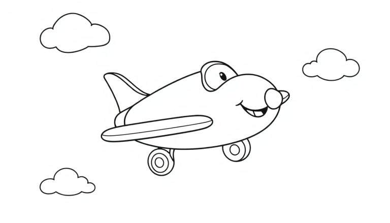 Un avión de juguete sonriente listo para ser coloreado en una placa de color.