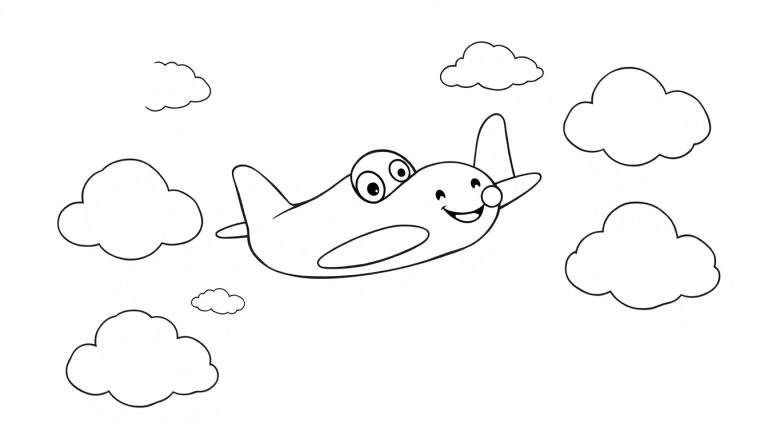 Un avión sonriente listo para colorear, rodeado de nubes, una placa de color para dar vida.