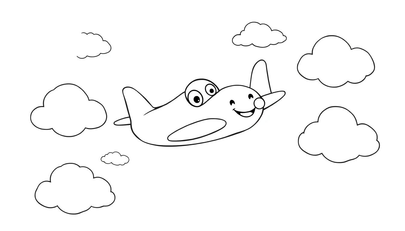 Un avión sonriente listo para colorear, rodeado de nubes, una placa de color para dar vida.