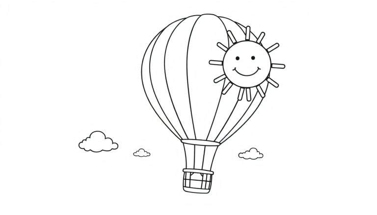 Placa de color de un globo aerostático con sol sonriente y nubes.