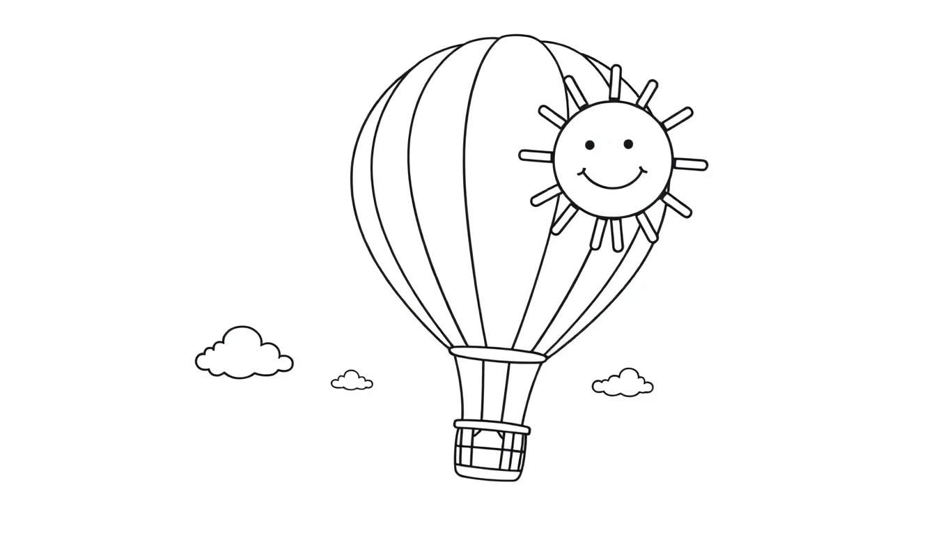 Placa de color de un globo aerostático con sol sonriente y nubes.