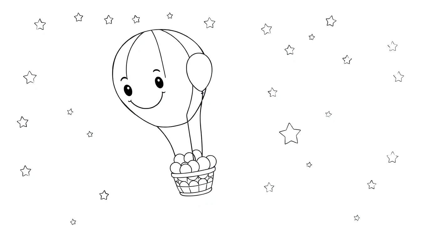 Placa de color de un globo aerostático sonriente en un cielo estrellado.