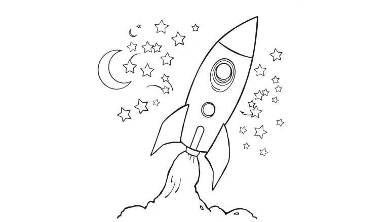 Un cohete espacial de dibujo lineal volando entre estrellas y una luna creciente, listo para el despegue con humo y llamas, para colorear.