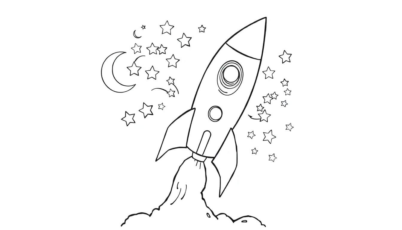 Un cohete espacial de dibujo lineal volando entre estrellas y una luna creciente, listo para el despegue con humo y llamas, para colorear.