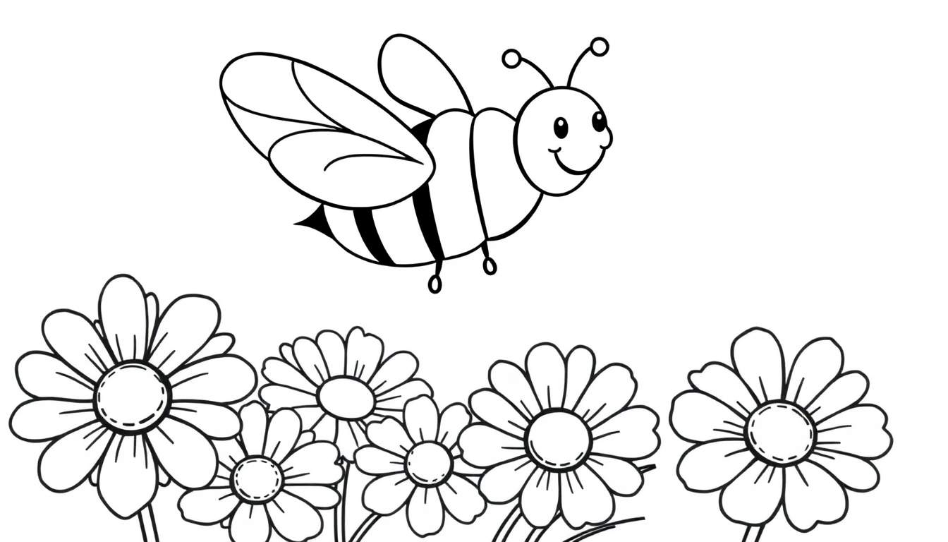 Placa de color de una abeja sonriente volando entre margaritas.