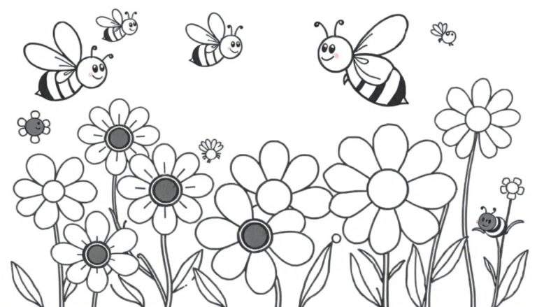 Placa de color de abejas zumbando entre flores de primavera.