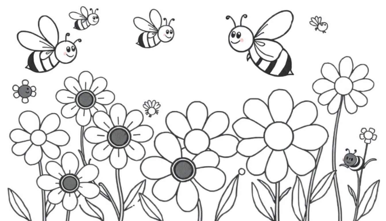 Placa de color de abejas zumbando entre flores de primavera.