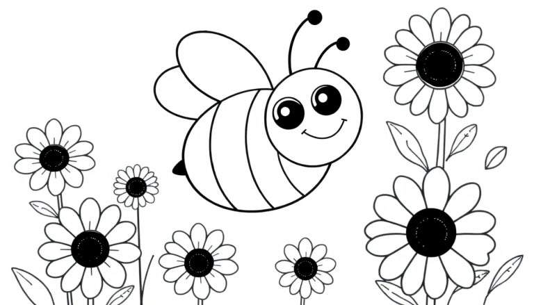 Placa de color de una abeja feliz volando sobre flores.
