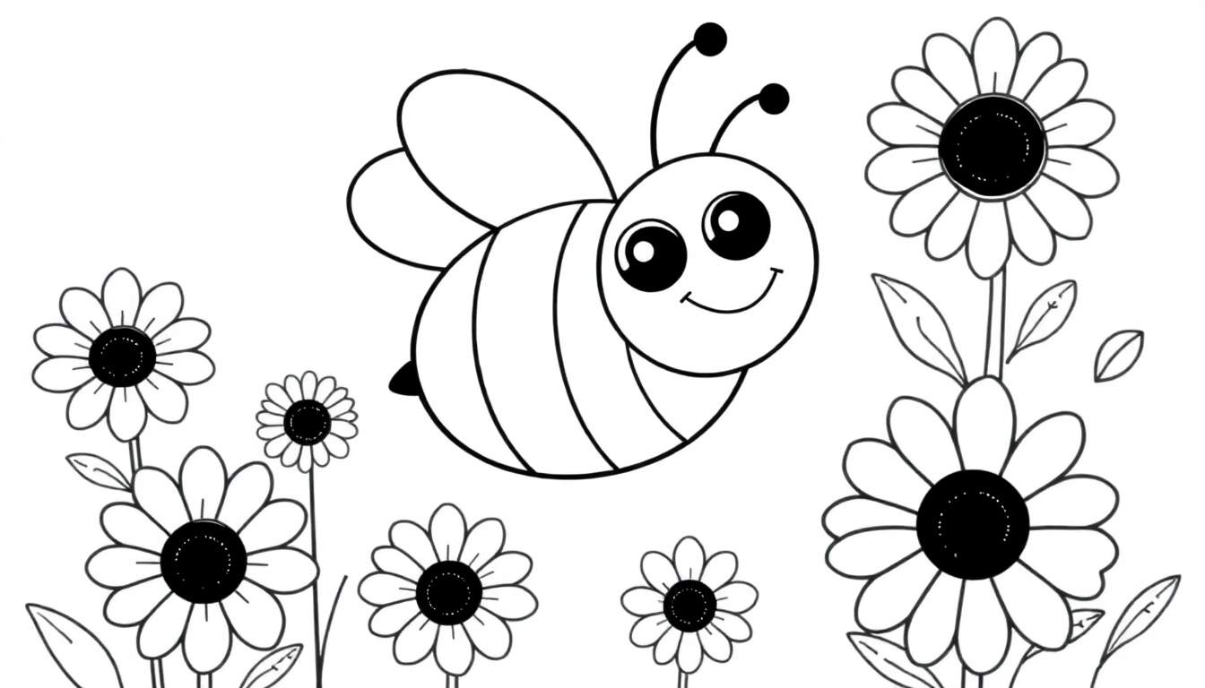 Placa de color de una abeja feliz volando sobre flores.