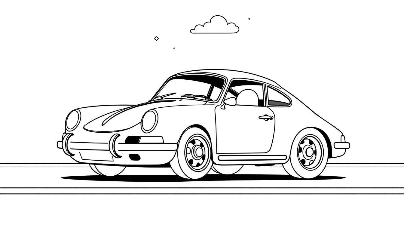 Un adorable Porsche clásico para colorear, visto de lado, con una línea de contorno negra sobre un fondo blanco, listo para añadirle color.