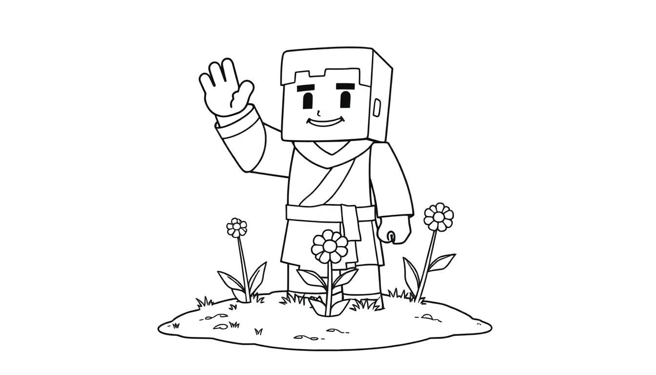 Placa de color de un aldeano de Minecraft saludando entre flores.
