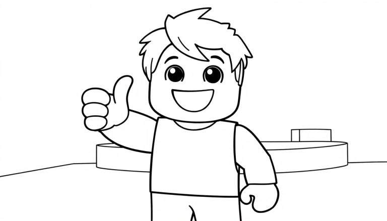 Un personaje de estilo LEGO dando un pulgar hacia arriba, con un fondo simple, listo para colorear en esta placa de color.